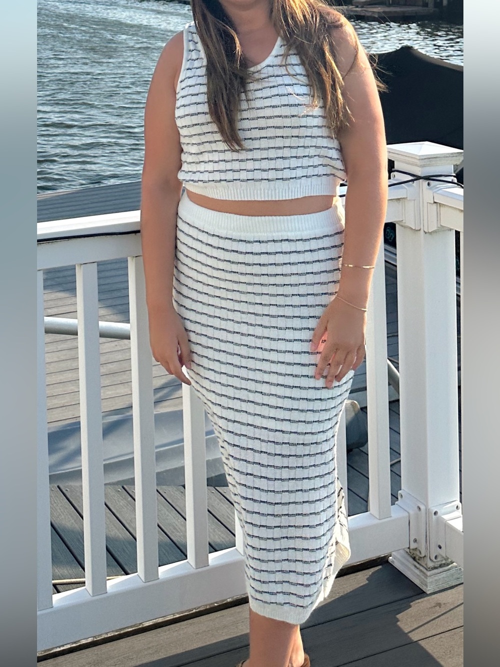 Freshman White Knit Midi Skirt with Black Stripes